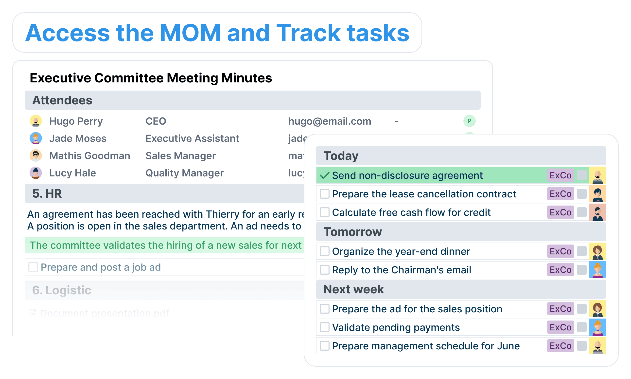 Illustration showing meeting minutes and a list of tasks arising from the meeting