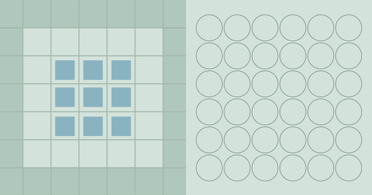 Light mint green visual split into a nested square grid on the left featuring a 3x3 array of blue inner squares, alongside a 6x6 grid of outlined circles on the right.