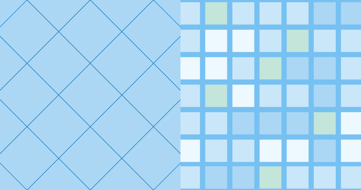 Light blue visual split into a diagonal diamond grid on the left and a square grid on the right with a diagonal sequence of light green highlighted tiles.
