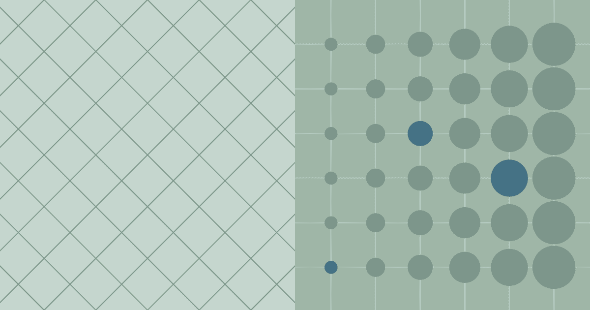 Green abstract visual showing a diagonal diamond grid on the left next to a grid on the right featuring circular nodes that increase in size horizontally, with two highlighted blue nodes.