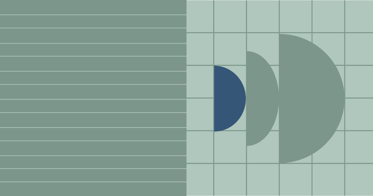 Muted sage green graphic with fine horizontal lines on the left adjacent to three nested, right-facing semicircles over a grid on the right.