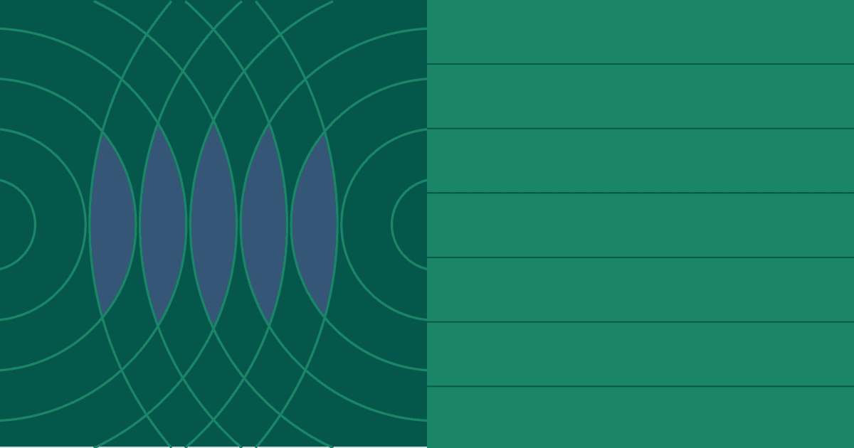 Dark green abstract visual featuring overlapping concentric circular arcs on the left with dark blue central lens shapes, split against horizontal ruling lines on the right.