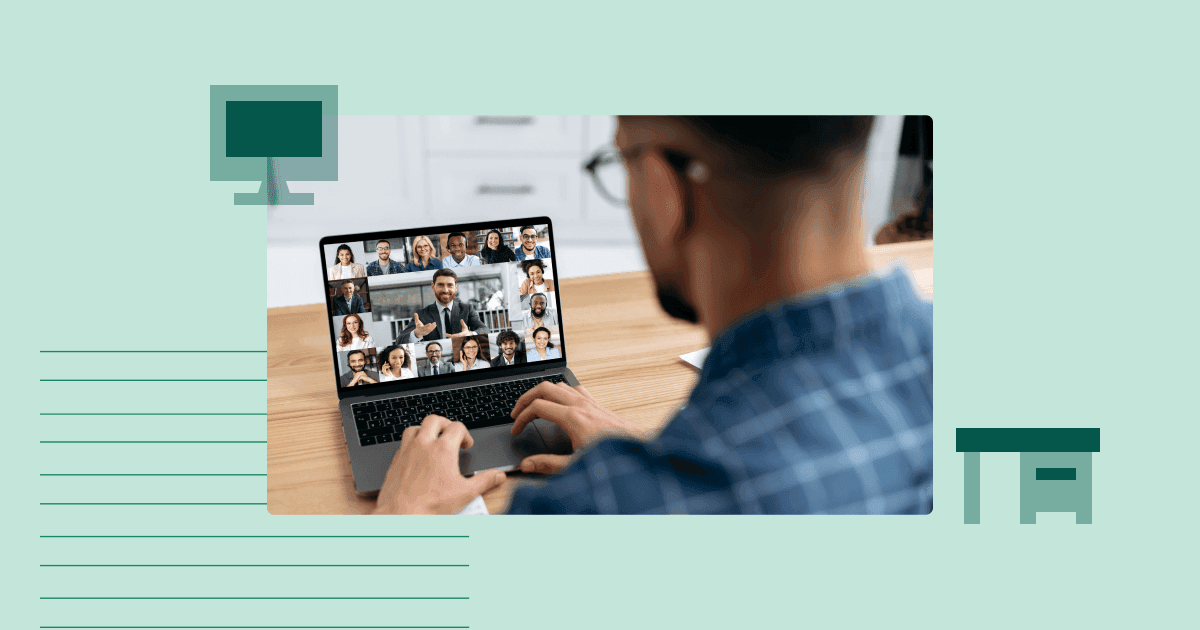 Man participating in a video conference call on his laptop with multiple team members during remote work.