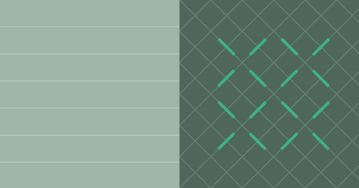 Sage and dark green graphic showing horizontal lines on the left next to a diagonal grid with four highlighted central crosshair motifs on the right.