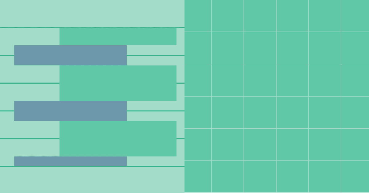 Mint green graphic split between horizontal bar tasks on the left and a clean, uniform grid pattern on the right.