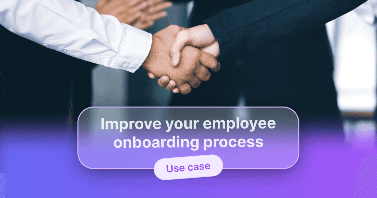 Two people shaking hands welcoming new team members, overlaid with the text “Improve your onboarding procedure for employees” and “Use case”