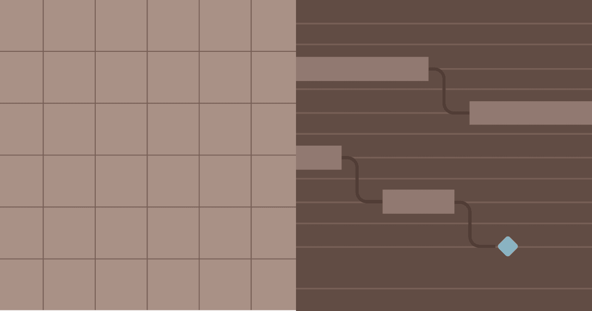 Brown split graphic showing a square grid on the left and a Gantt chart timeline flow with connected task bars and a diamond milestone on the right.