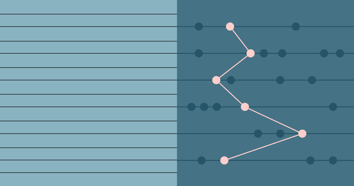 Slate blue abstract graphic showing horizontal lines on the left paired with a line graph visualization connecting highlighted nodes across data points on the right.