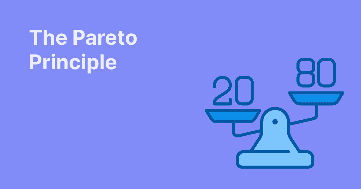 This image represents the Pareto principle with an unbalanced scale showing 20 and 80, illustrating the 80/20 rule on a blue-purple background