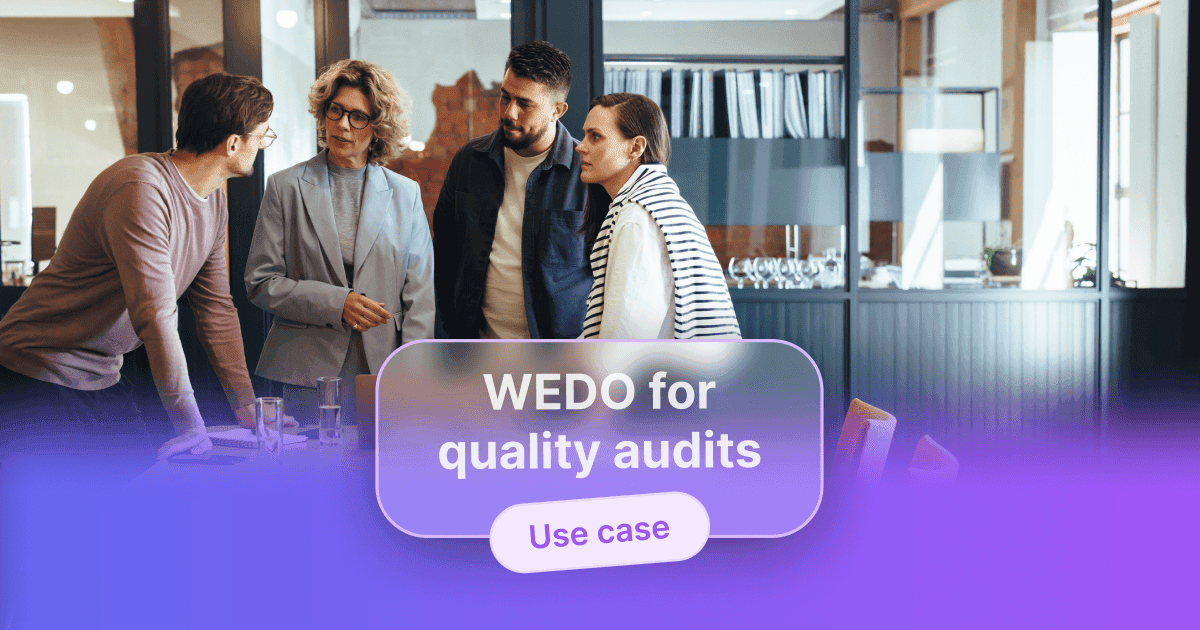 Four people standing around a conference table discussing a project, overlaid with the text “WEDO for quality audits” and “Use case”