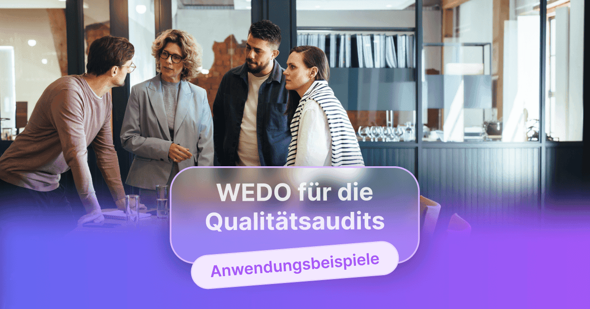 Vier Personen stehen um einen Konferenztisch und besprechen ein Projekt, überlagert mit dem Text „WEDO für Qualitätsaudits“ und „Anwendungsbeispiele“
