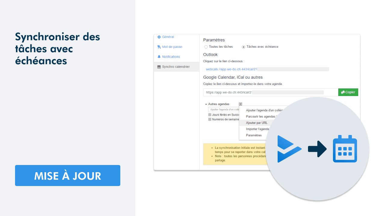 Mise à jour: interface de synchronisation des tâches avec échéances sur le logiciel WEDO