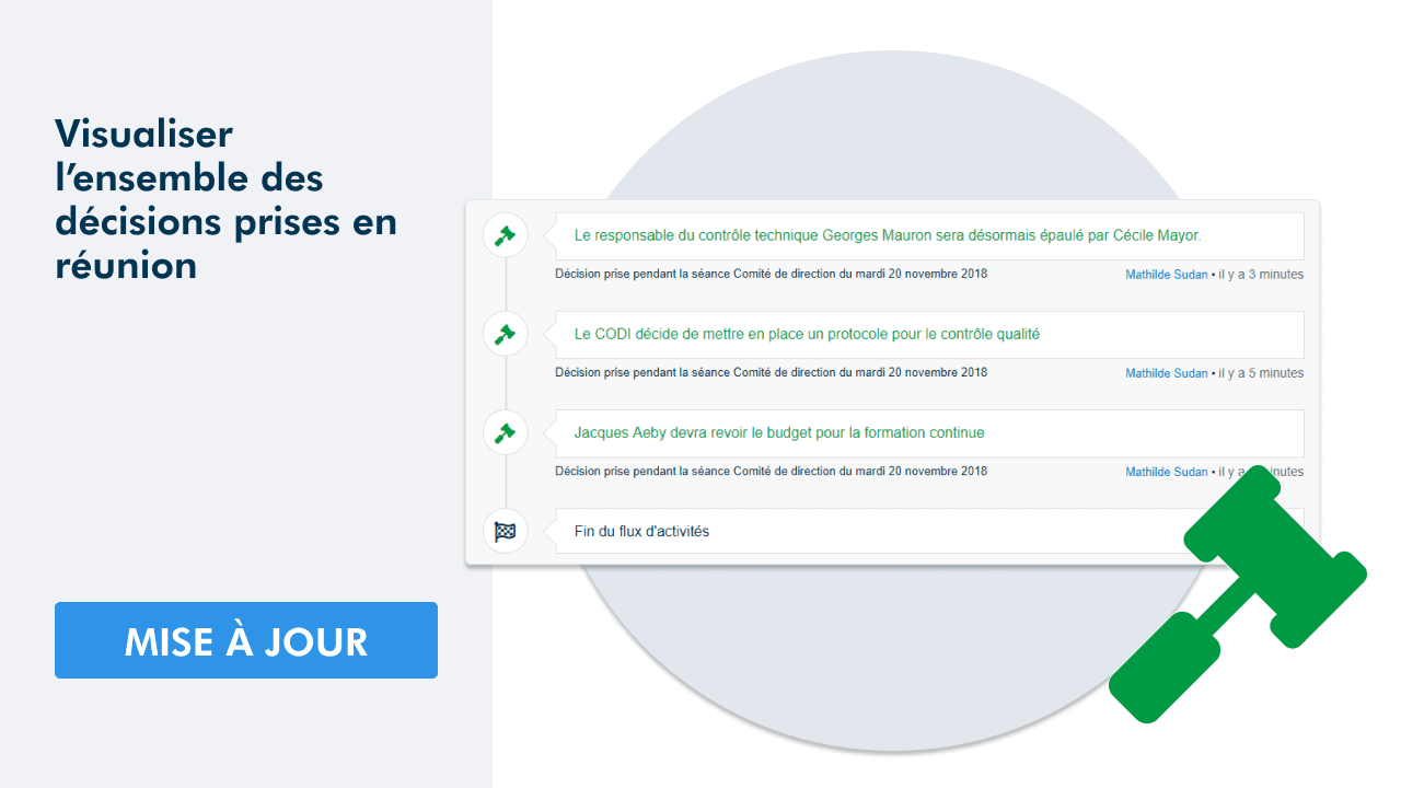 Article "mise à jour" détaillant la fonctionnalité de suivi des décisions dans les réunions