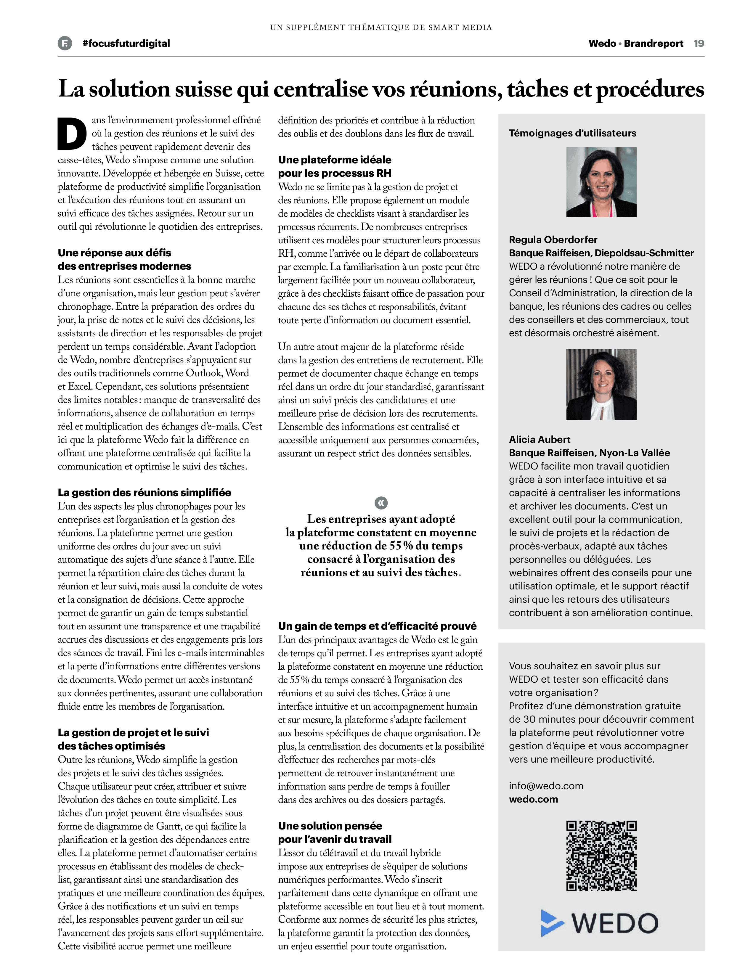 image de l'article de l'édition spéciale du magazine Bilan, mettant en lumière WEDO, la plateforme collaborative suisse qui révolutionne la gestion des réunions et le suivi des tâches