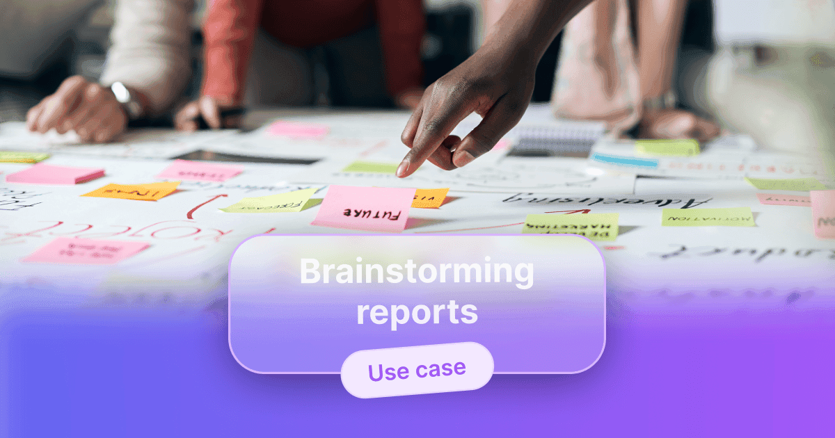 Close-up of a table covered with colorful sticky notes from a brainstorming session, with a hand pointing at a post-it, overlaid with the text “Brainstorming reports” and “Use case”