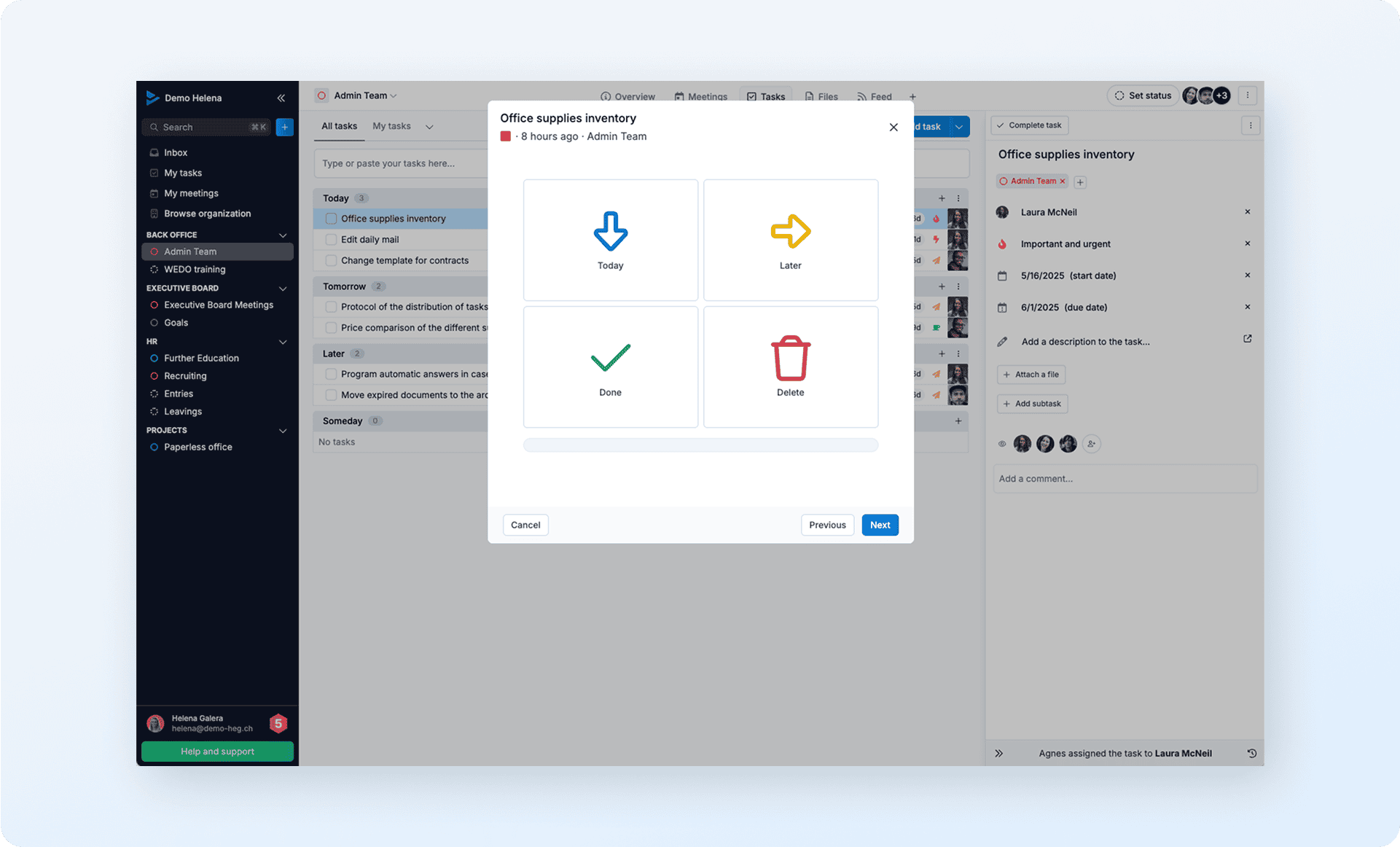 View of the WEDO interface using the organize tool to batch prioritize tasks.
