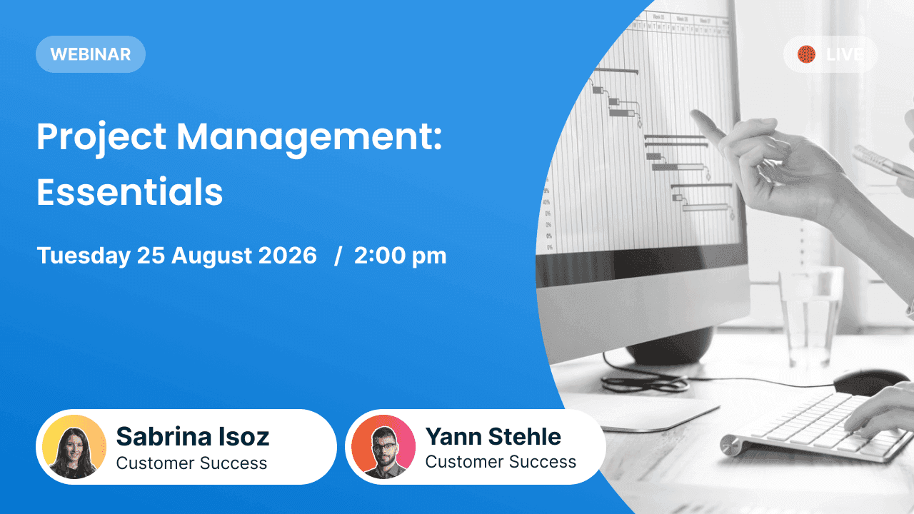 Webinar cover for “Project Management: Essentials.” Blue background with a black-and-white photo of a computer displaying a Gantt chart. Scheduled for Tuesday, August 25, 2026 at 2:00 pm. Presented by Sabrina Isoz and Yann Stehle from Customer Success.