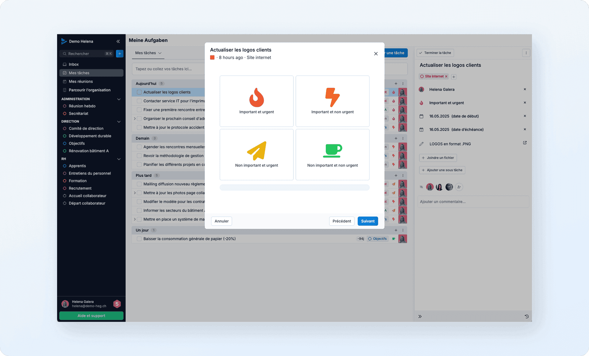 Exemple d’application de la matrice d’Eisenhower dans WEDO avec des étiquettes de priorité.