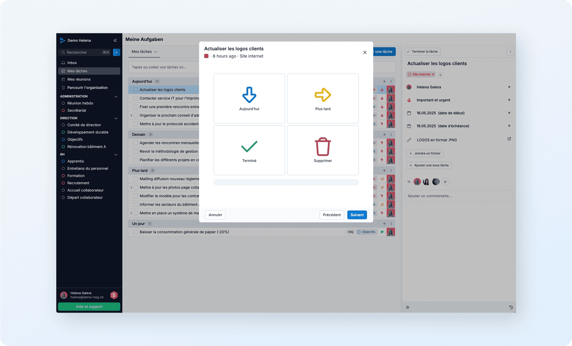 Utilisation de l’outil d’organisation dans WEDO pour prioriser des tâches selon la matrice.