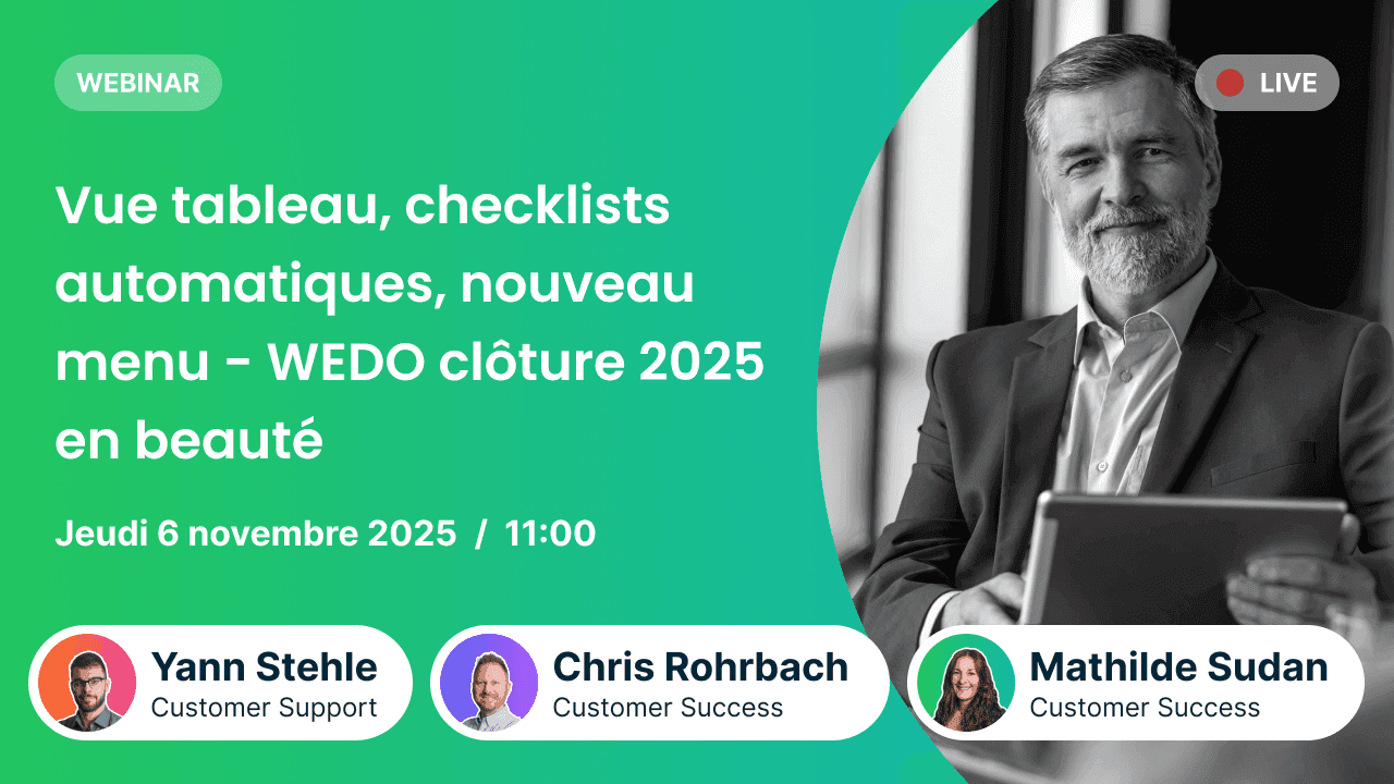 Invitation au webinaire intitulé «Vue tableau, checklists automatiques, nouveau menu – WEDO clôture 2025 en beauté». Le webinaire aura lieu le jeudi 6 novembre 2025 à 11 h. Présenté par Yann Stehle (Customer Support), Chris Rohrbach (Customer Success) et Mathilde Sudan (Customer Success). À droite, un homme en costume tient une tablette, avec la mention « LIVE ».
