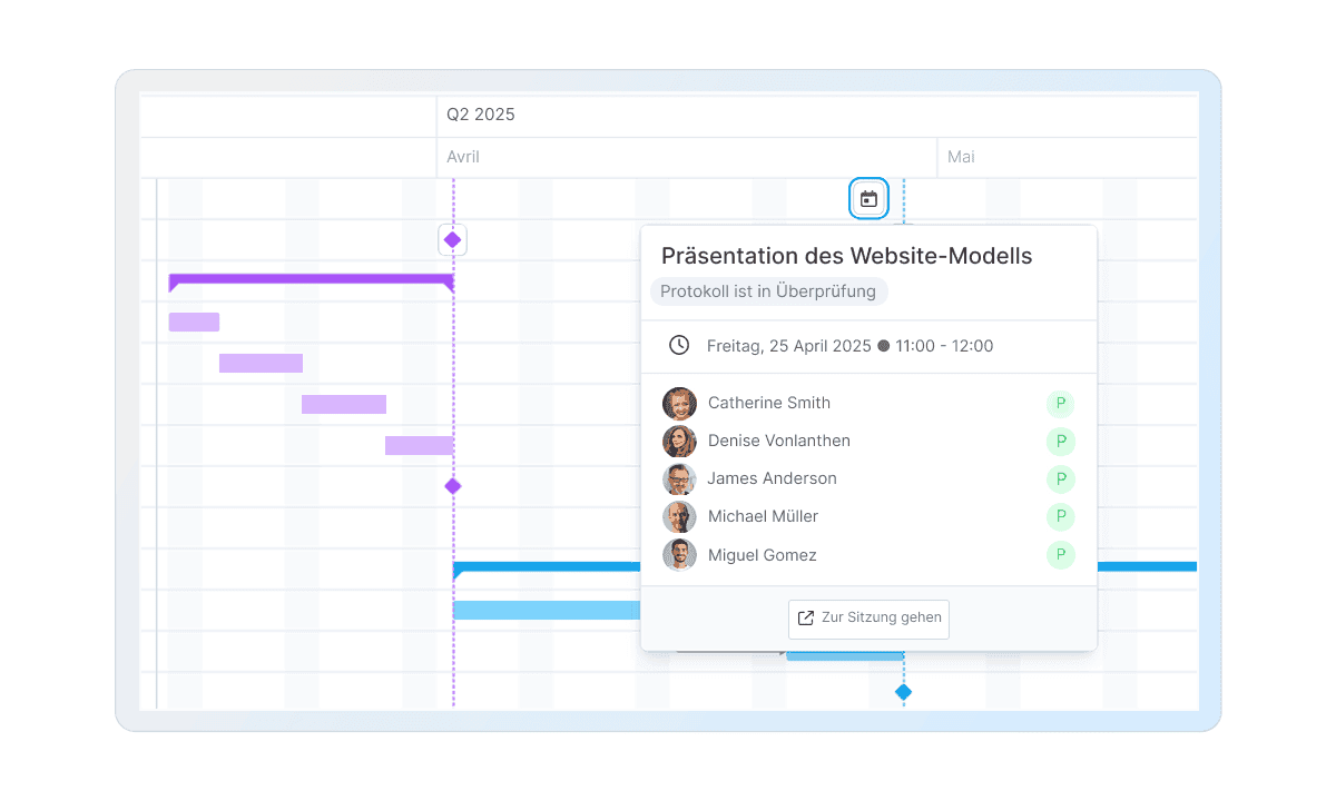 Screenshot der WEDO Gantt-Chart-Schnittstelle, mit besonderem Augenmerk auf die Integration von Meetings in die Projektzeitachse. 