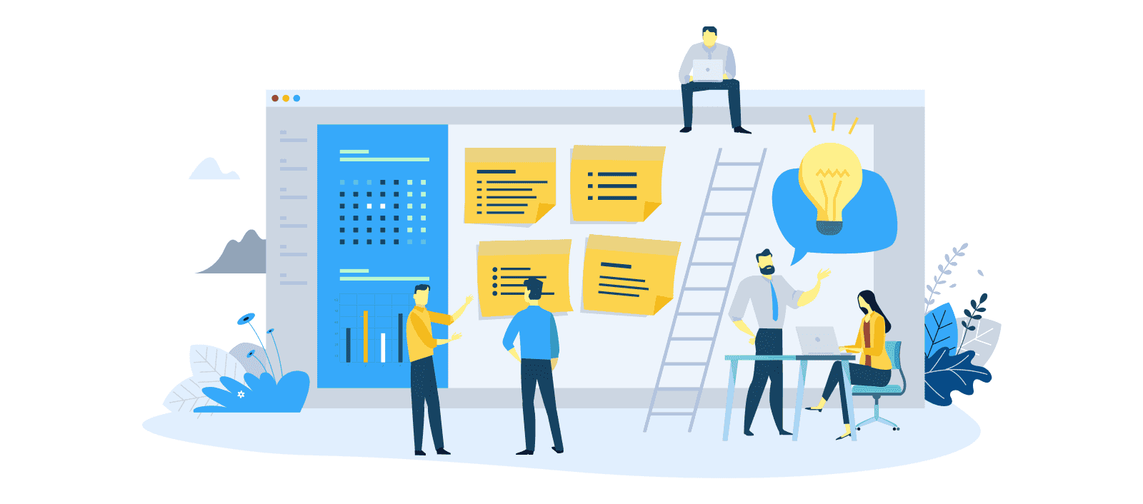 An illustration with people using the task-centered method, breaking tasks into smaller, actionable components.