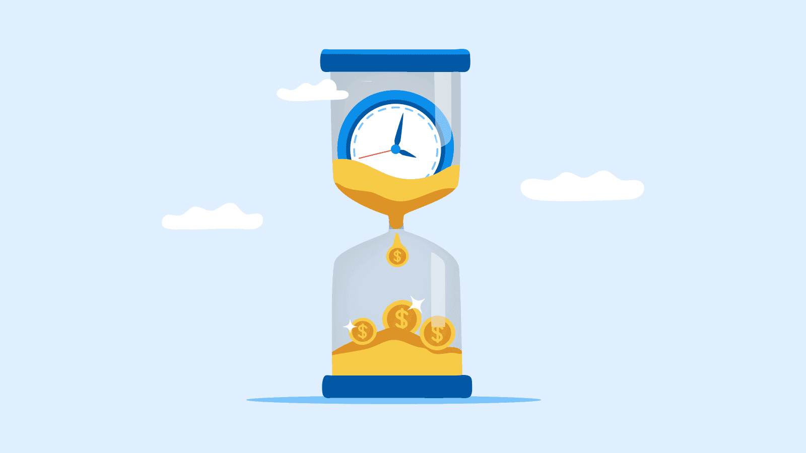 An hourglass illustrating the concept of "time is money." Sand flows down, turning into gold coins, with a clock face at the top, emphasizing productivity value.