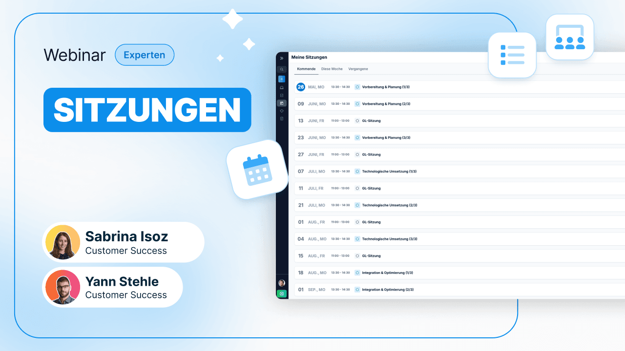 Webinar-Ankündigung zum Thema „SITZUNGEN“. Auf der linken Seite sind die Referenten Sabrina Isoz und Yann Stehle (Customer Success) abgebildet. Rechts sieht man einen Screenshot der Anwendung mit einer Terminübersicht („Meine Sitzungen“).