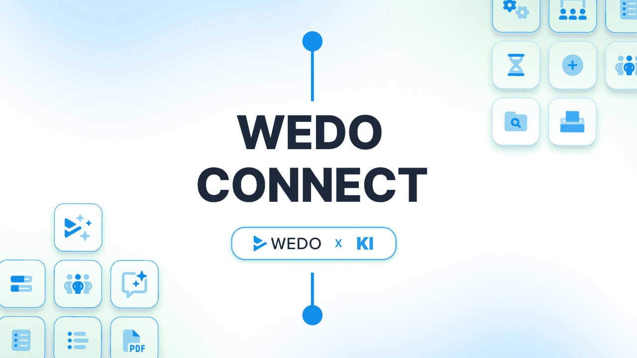 Werbegrafik mit dem dunkelblauen Schriftzug „WEDO CONNECT“ über einem Button mit der Aufschrift „WEDO x KI“, umgeben von hellblauen App-Icons und UI-Elementen.