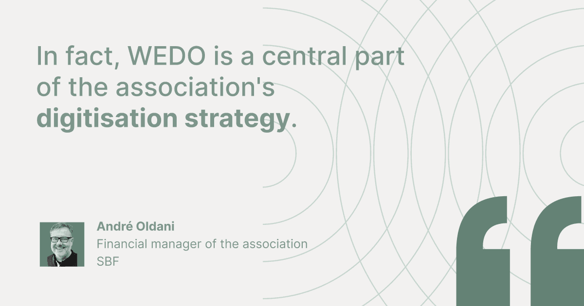 Customer testimonial graphic featuring André Oldani, Financial manager of the association SBF: "In fact, WEDO is a central part of the association's digitisation strategy."