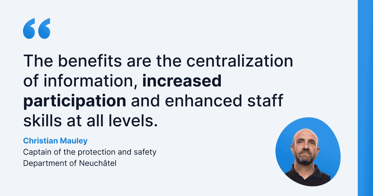This is a testimonial from Christian Mauley, Captain of the SPS Neuchâtel Fire Department, emphasizing that WEDO centralizes information, boosts engagement, and recognizes staff