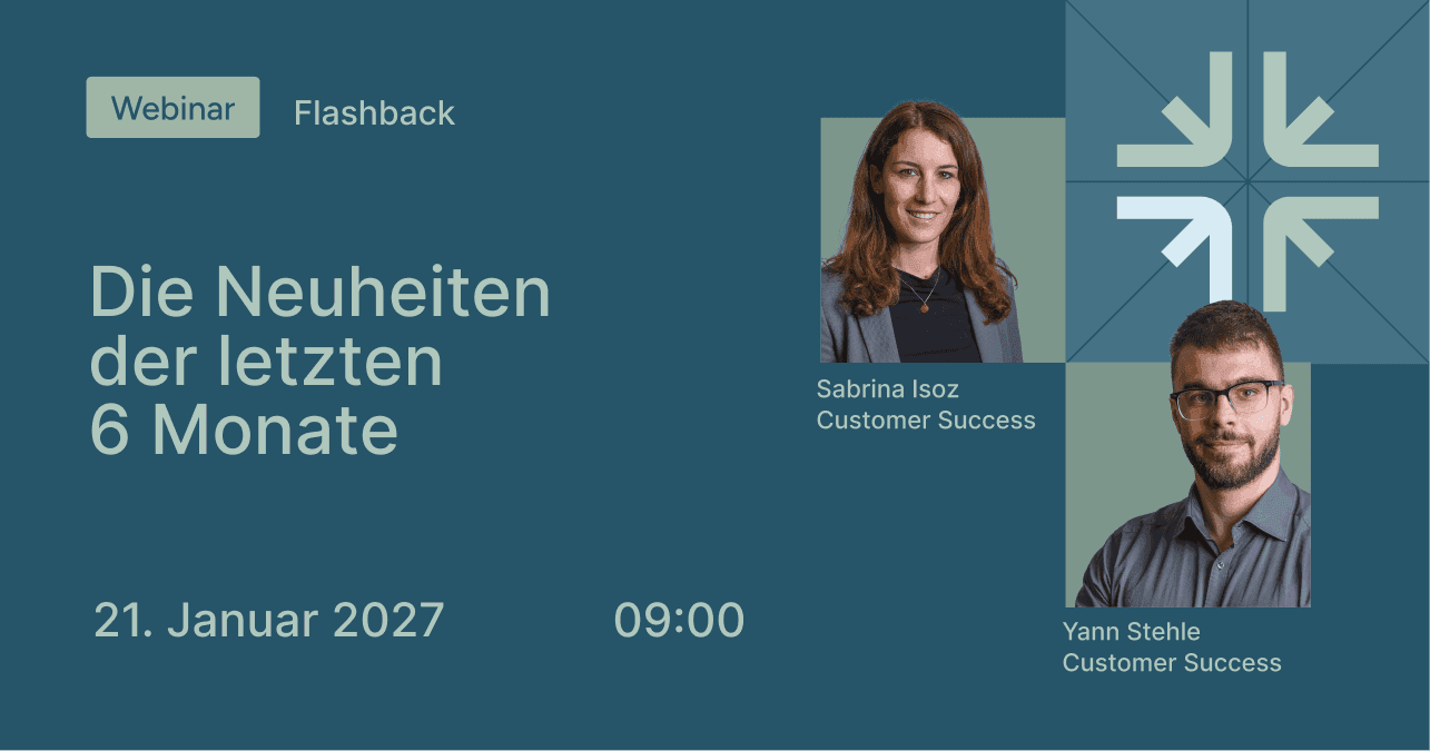 Visual zum WEDO-Webinar „Flashback: Die Neuheiten der letzten 6 Monate“ am 21. Januar 2027 um 09:00 Uhr. Präsentiert von Sabrina Isoz und Yann Stehle, Customer Success.