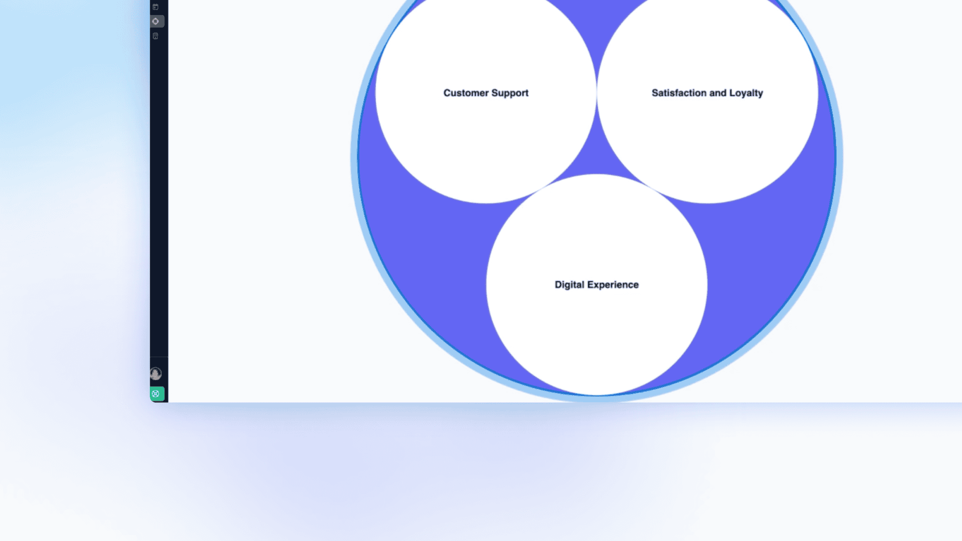 Partial screenshot of an interface displaying a large blue circle containing three white circles labeled “Customer Support,” “Satisfaction and Loyalty,” and “Digital Experience.” On the left is a dark sidebar with icons, all set against a light blue gradient background