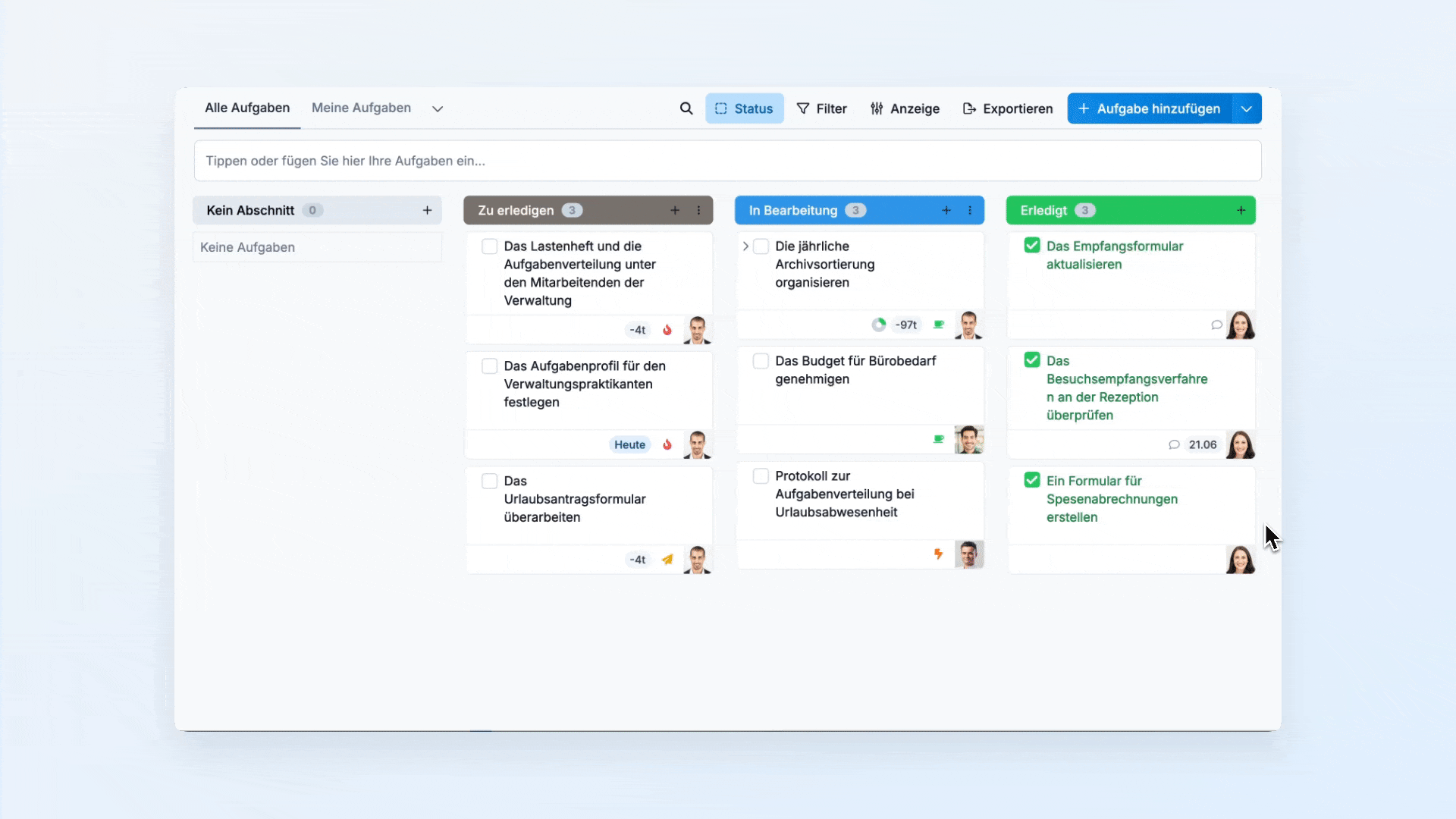 Demovideo zur Kanban-Ansicht in WEDO: Aufgaben erstellen, verschieben und in Spalten verfolgen – für eine klare Teamkoordination.