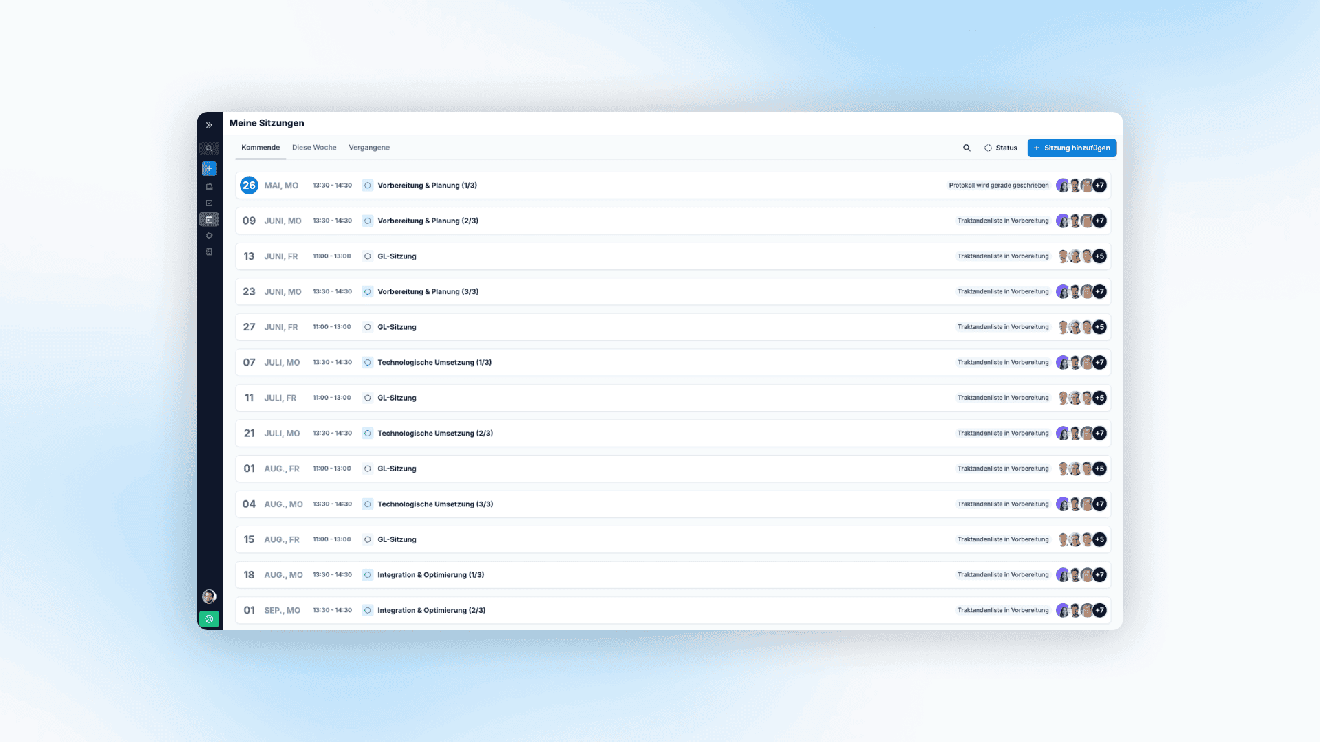 Screenshot einer Schnittstelle zur Sitzungsverwaltung, die unter dem Reiter „Upcoming“ eine Liste bevorstehender Meetings (Datum, Uhrzeit, Titel) zeigt, mit einer dunklen Seitenleiste links und einem „Add meeting“-Button oben rechts