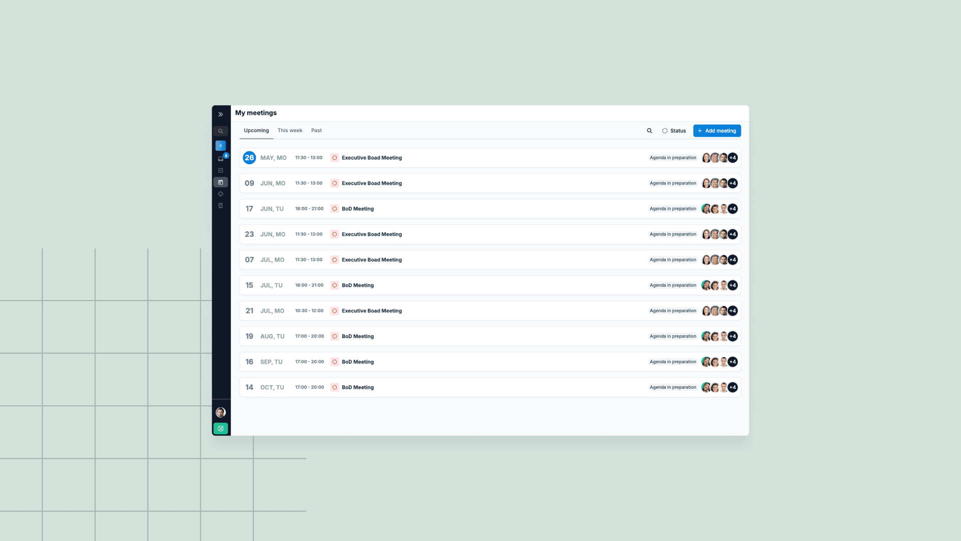 Screenshot of the "My meetings" interface in English showing a chronological list of upcoming board and executive meetings.