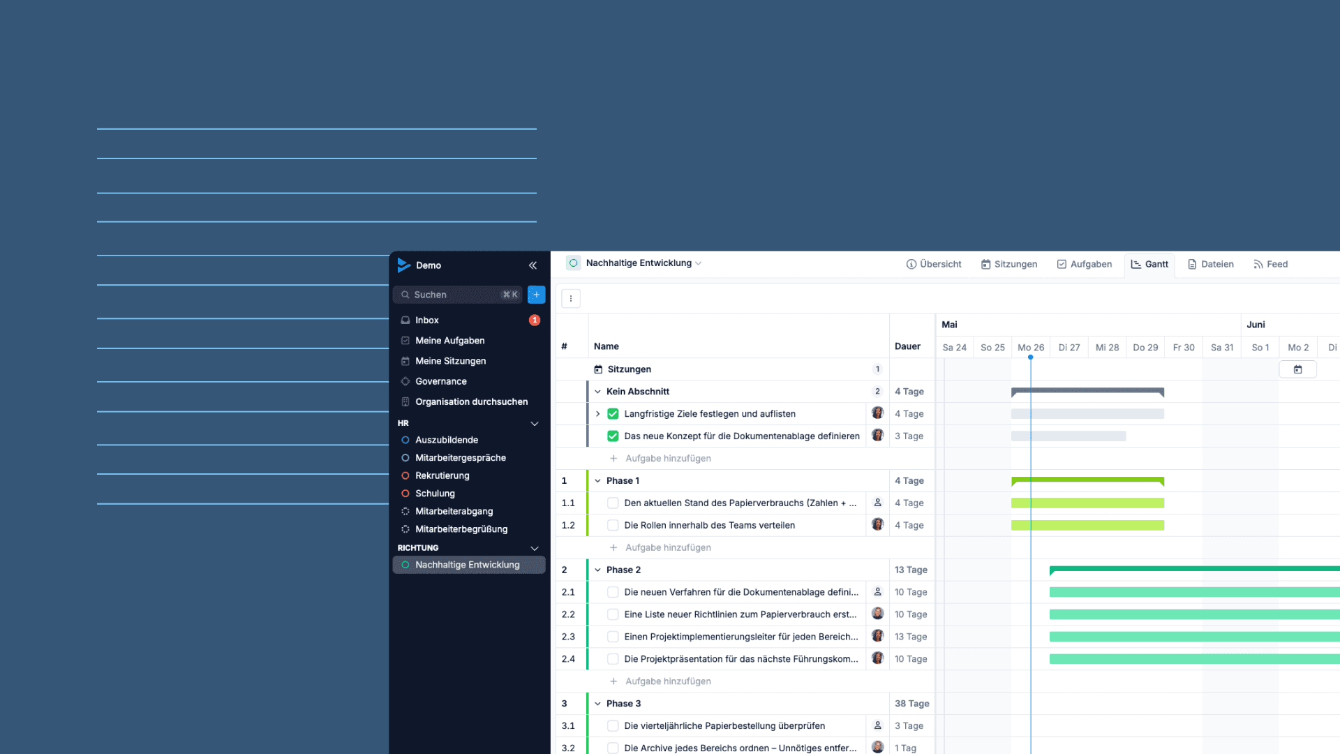 Screenshot eines Projektmanagement-Dashboards auf Deutsch mit einem Gantt-Diagramm, das Projektphasen, Aufgabendauern und Zeitpläne anzeigt.