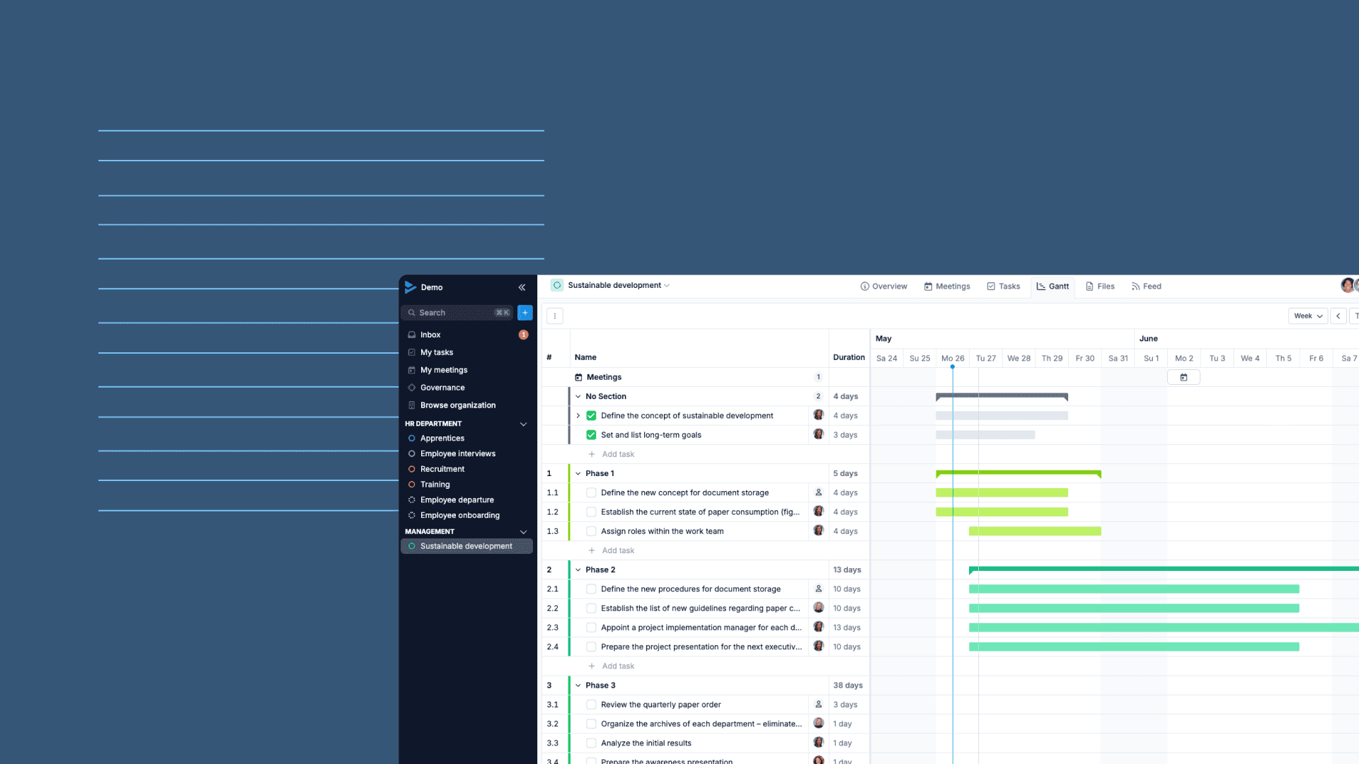 Screenshot of a project management dashboard in English showing a Gantt chart with project phases, task durations, and timelines.