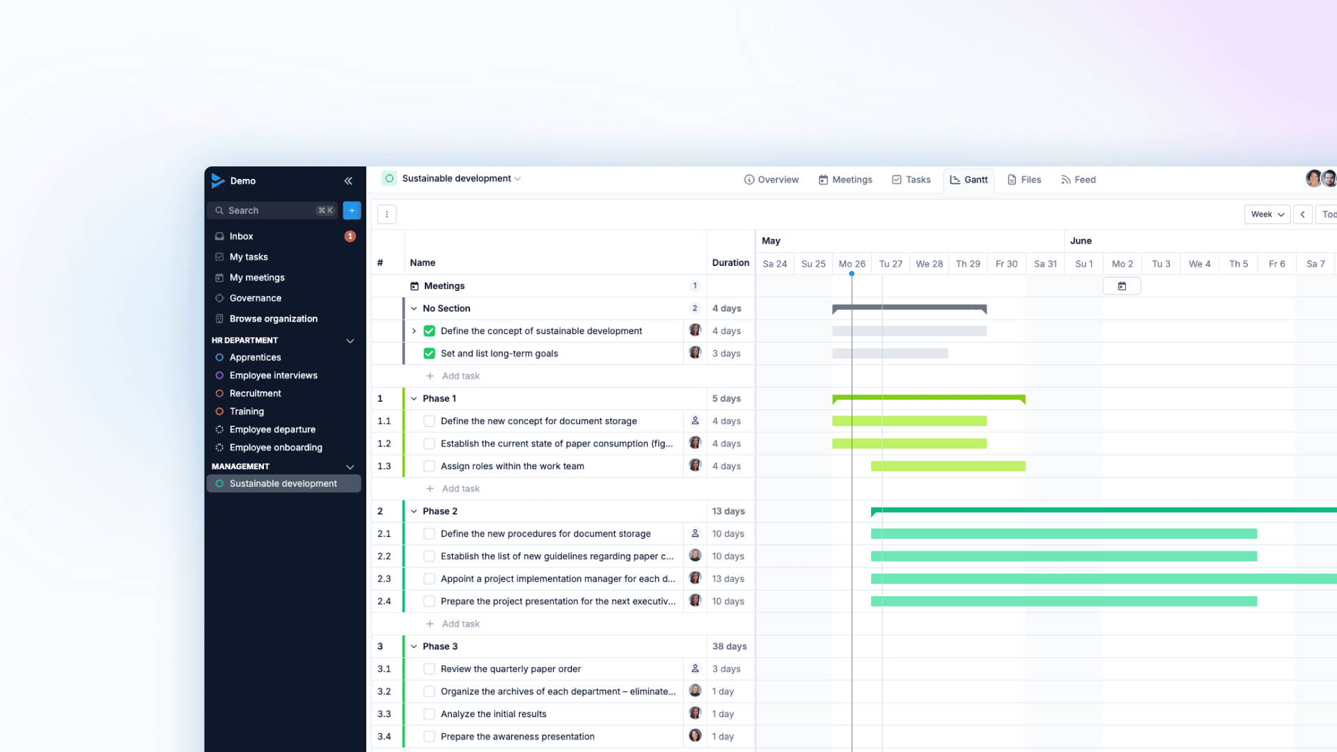 Screenshot of a Gantt view for a project titled “Project Management,” showing tasks and subtasks organized into phases, durations in days, and light and dark green bars spanning several weeks, with a dark sidebar on the left