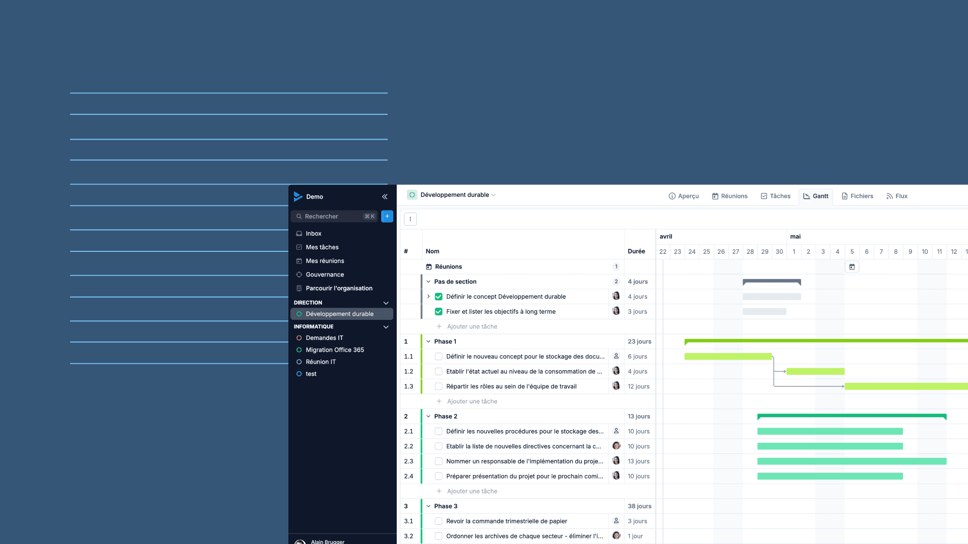 Capture d'écran d'un tableau de bord de gestion de projet en français affichant un diagramme de Gantt avec les phases du projet, les durées des tâches et le planning.