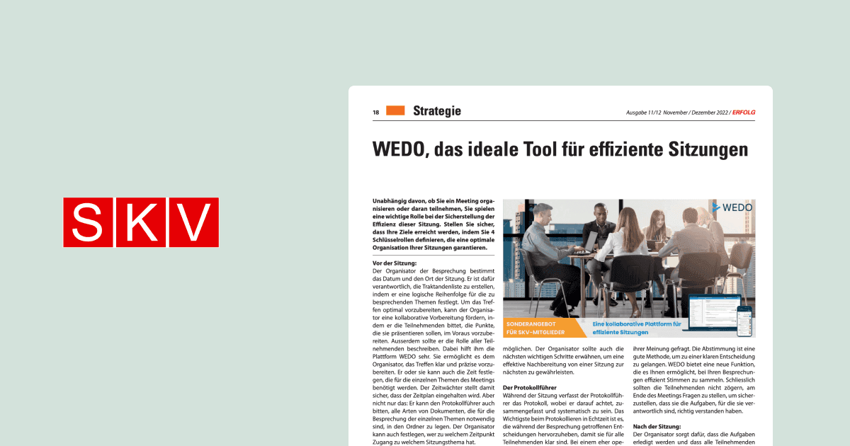 Article from SKV Strategie titled "WEDO, das ideale Tool für effiziente Sitzungen" outlining how WEDO improves meeting efficiency.