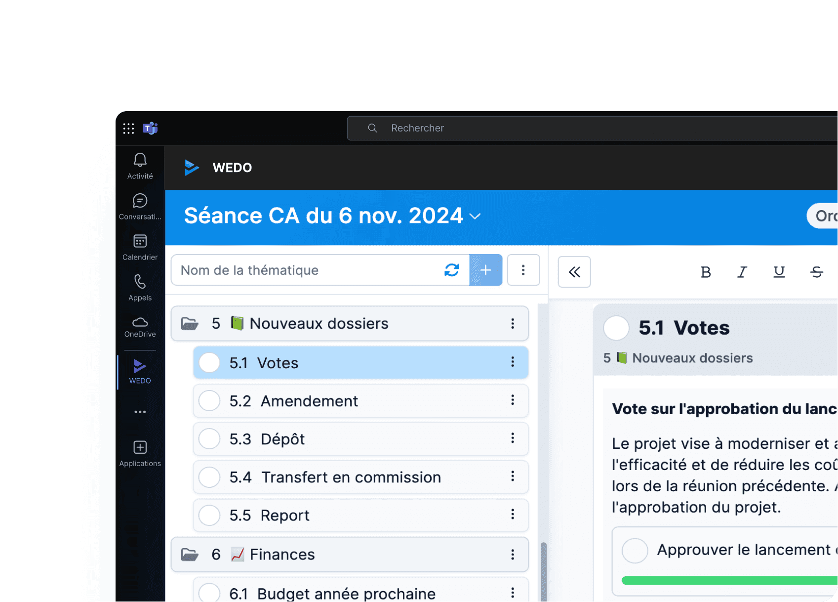 Interface WEDO dans Microsoft Teams affichant l’ordre du jour d’une séance du conseil et une vidéoconférence intégrée.