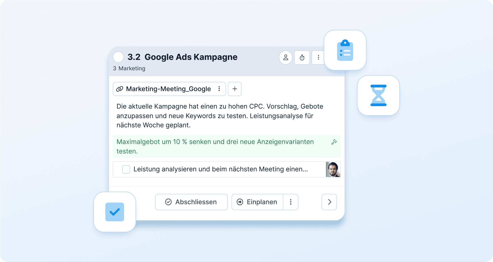 Ansicht eines Meeting-Traktandums in WEDO mit Beschreibung, Aufgabenliste, Vorschlägen zur Optimierung einer Google Ads Kampagne und Symbolen für Zeitmanagement und Checklisten
