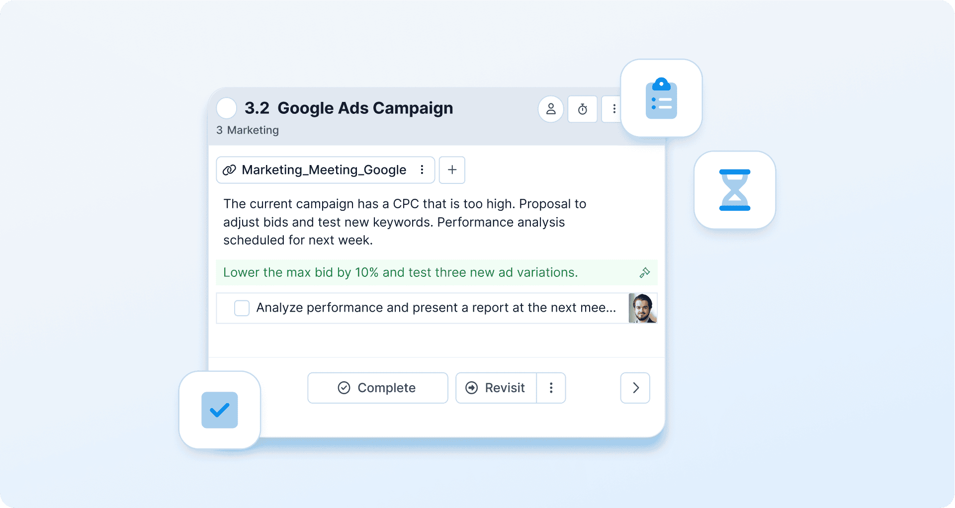 View of a WEDO meeting topic showing a description, task list, and suggestions to improve a Google Ads campaign, with icons for time management and checklists