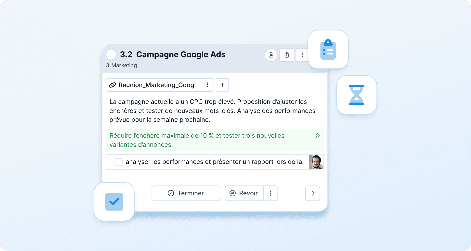 Vue d’un point de réunion WEDO avec une description, une liste de tâches et des suggestions pour améliorer une campagne Google Ads, accompagnée d’icônes de gestion du temps et de checklist