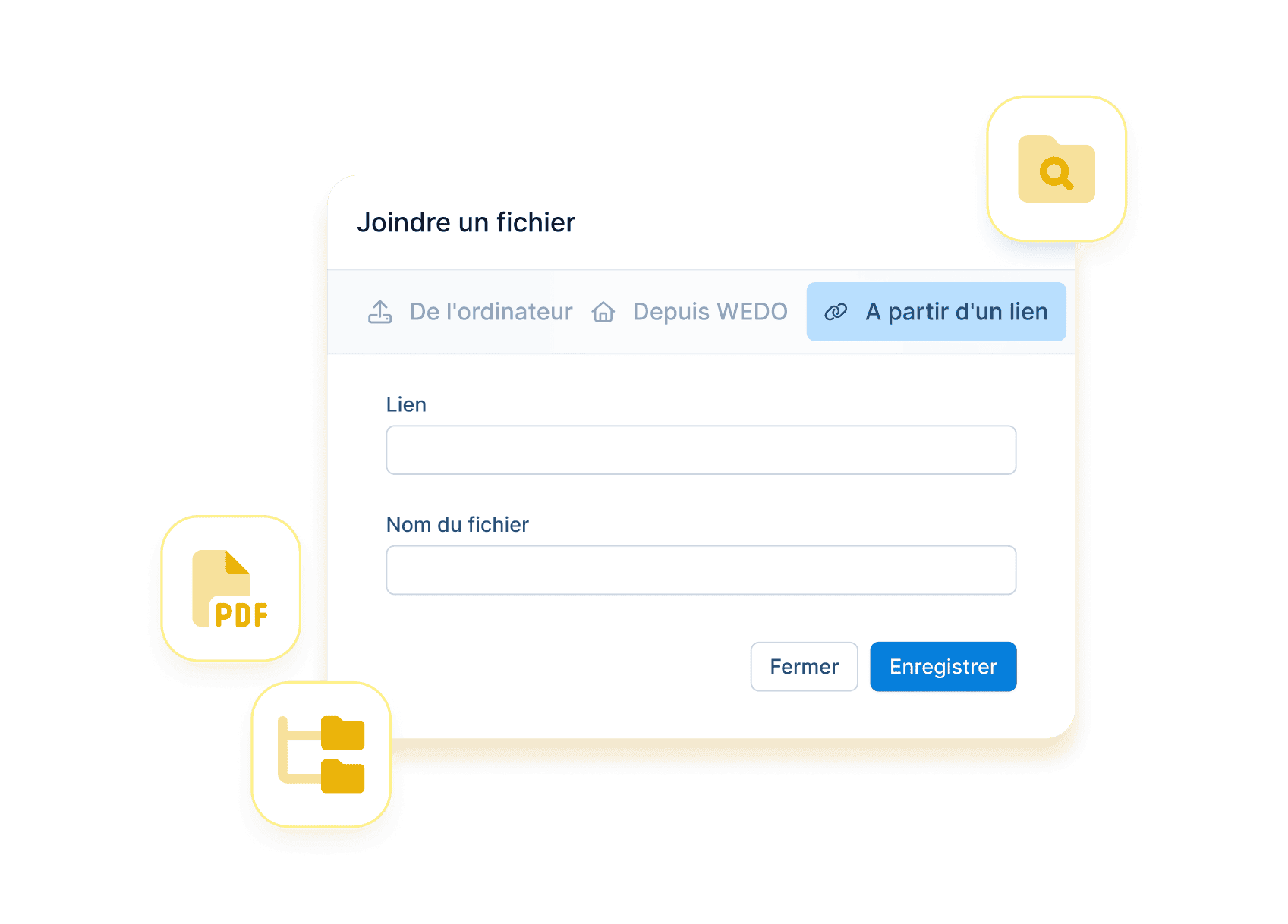 Capture d’écran montrant les nombreuses options pour joindre des fichiers dans WEDO : à une tâche, une checklist, une réunion ou un espace de travail.