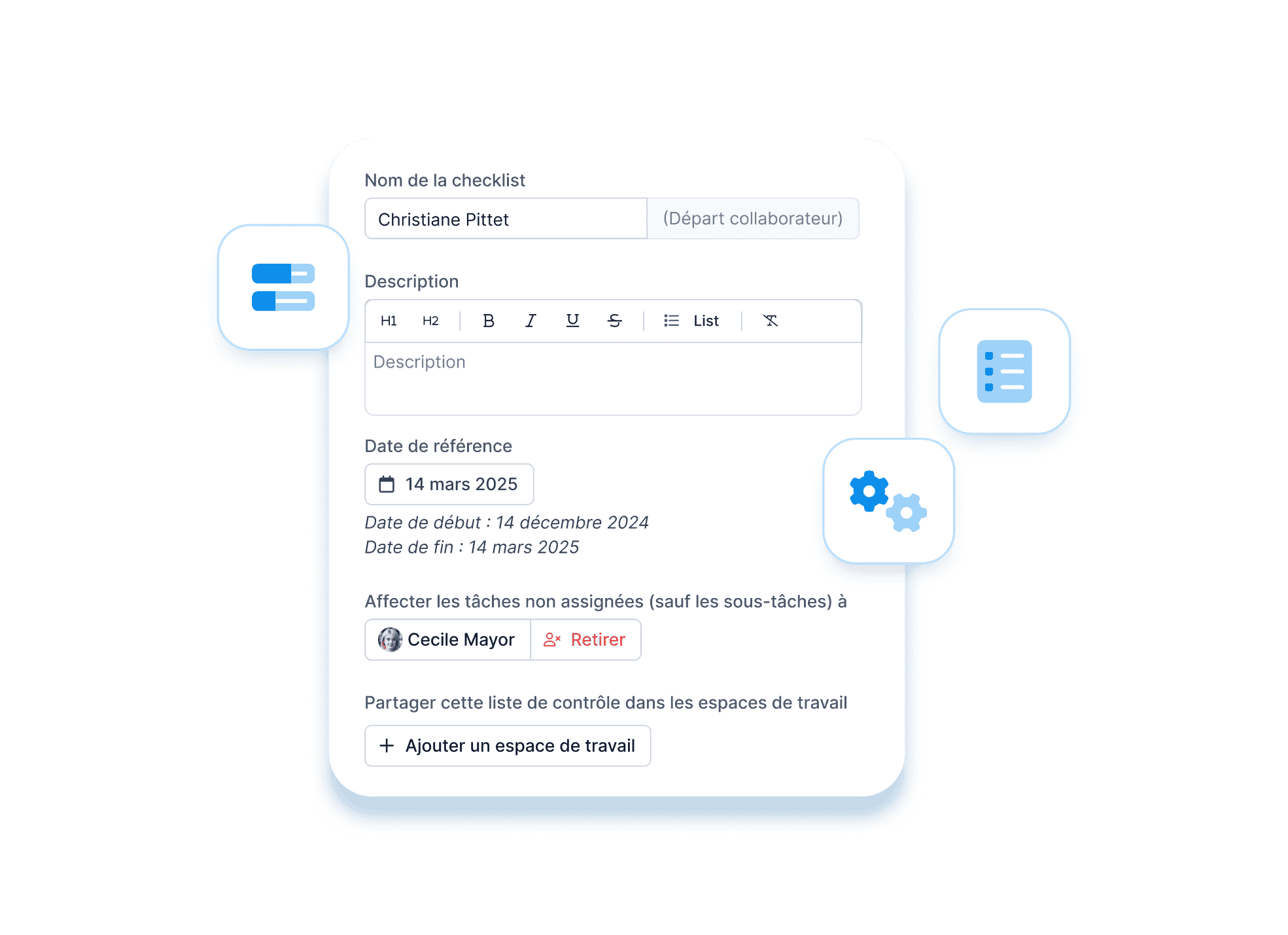 Interface de lancement d’un modèle de checklist avec affichage du nom, de l’espace de travail lié, et des dates de référence (début et fin).