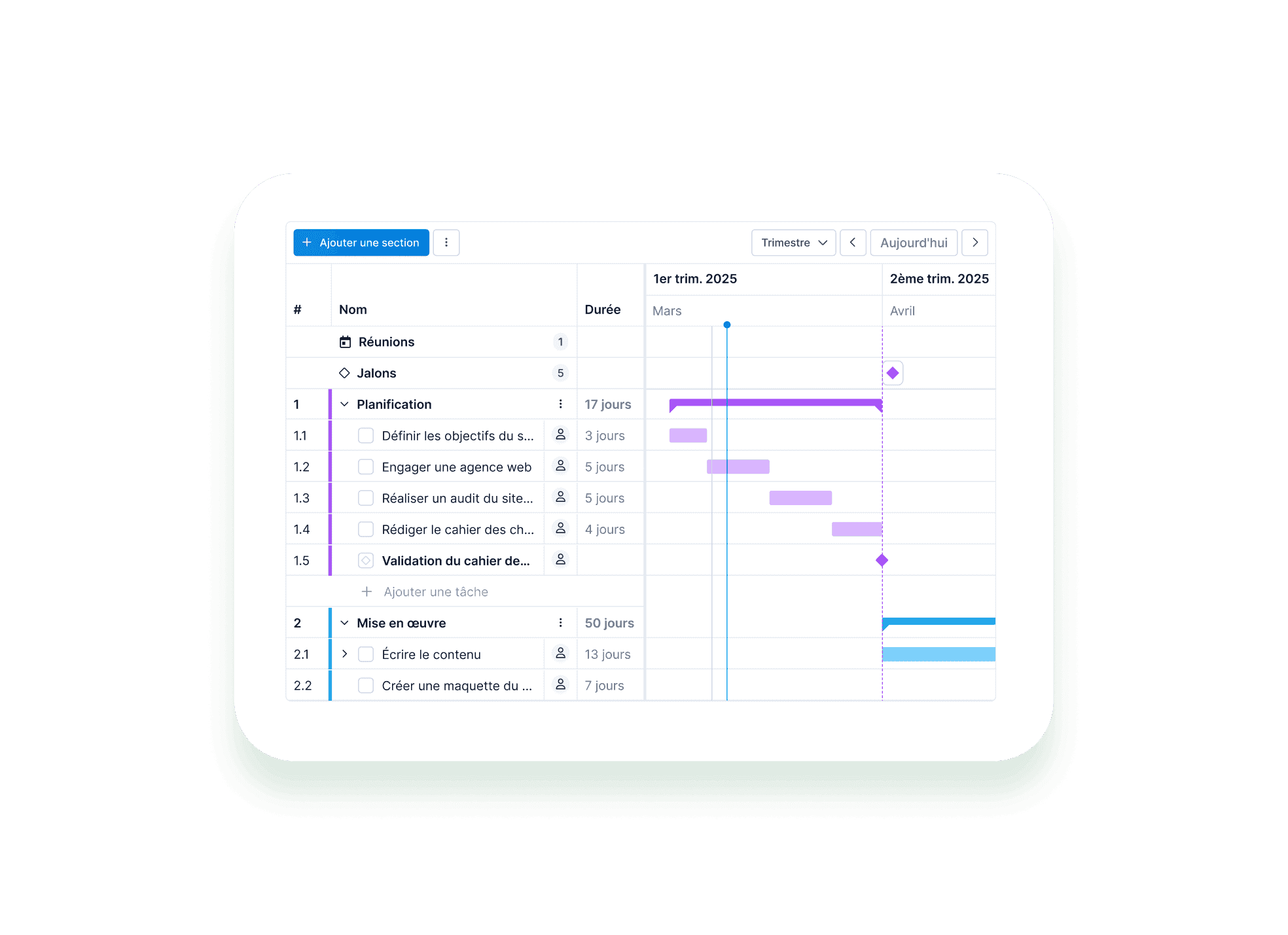 Capture d’écran de la vue “Gantt” pour planifier les tâches dans le temps.