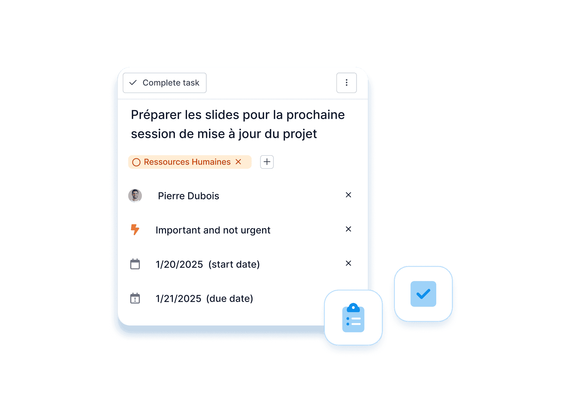 Vue simplifiée de la barre de détail d’une tâche, affichant les informations clés de suivi dans WEDO.