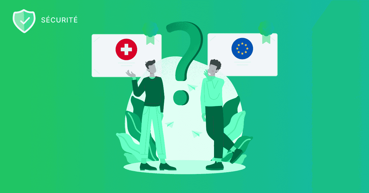 Illustration verte sous le titre « SÉCURITÉ » montrant deux personnes réfléchissant devant un point d’interrogation géant entre deux plaques labellisées : à gauche avec le drapeau suisse, à droite avec le drapeau européen